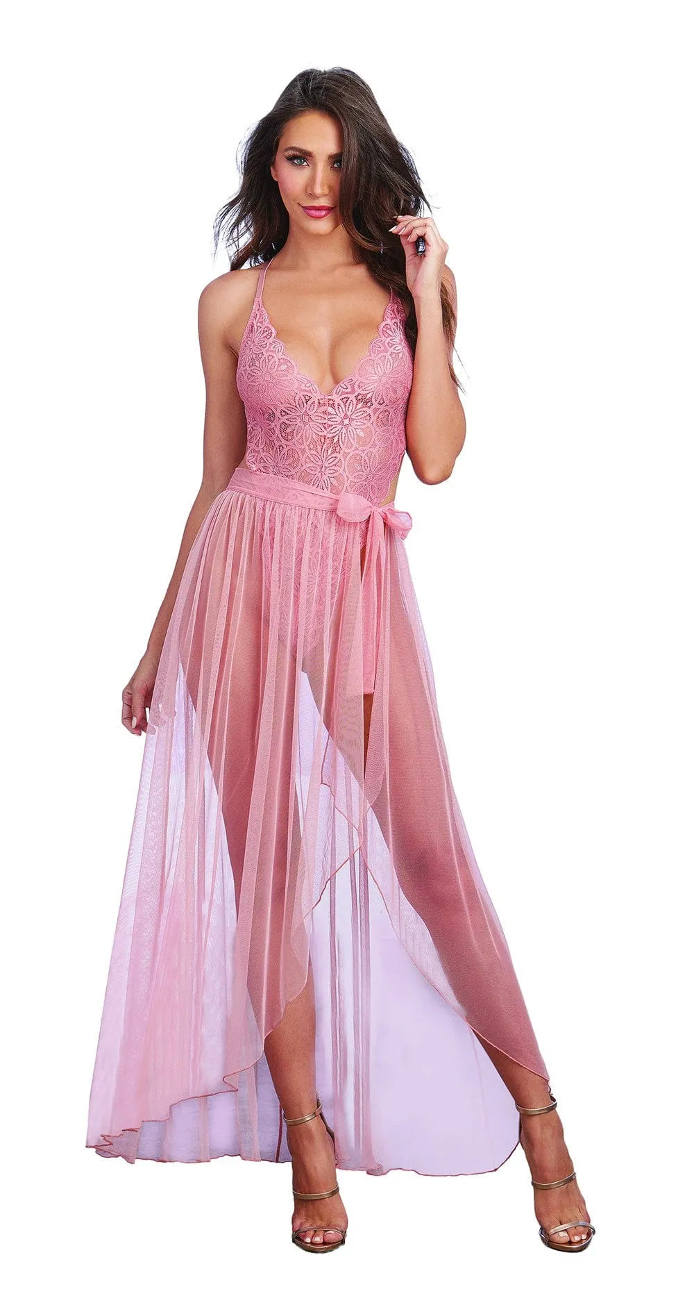 Body vintage rose en dentelle haute qualité, dos nu, bretelles réglables, jupe longue transparente amovible.