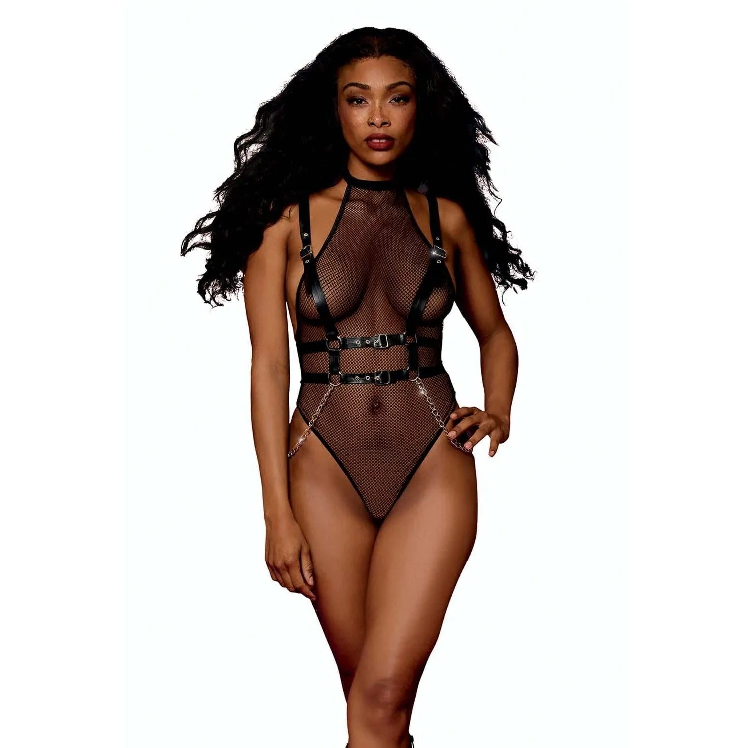 Body résille noir harnais similicuir chaînes drapage glamour séduction soirée tanga dos nu fermeture entrejambe crochets bretelles réglables