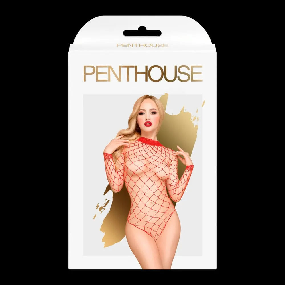Body rouge transparent maille large ajourée manches longues, ouverture entrejambe, matière élastique, silhouette sensuelle.