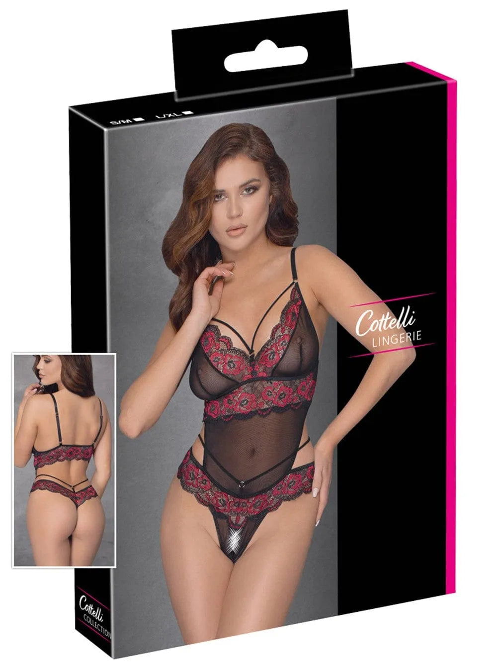 Bodystring dentelle rouge noir, résille transparente, bonnets ouverts, bretelles réglables, anneaux décoratifs, Cottelli.