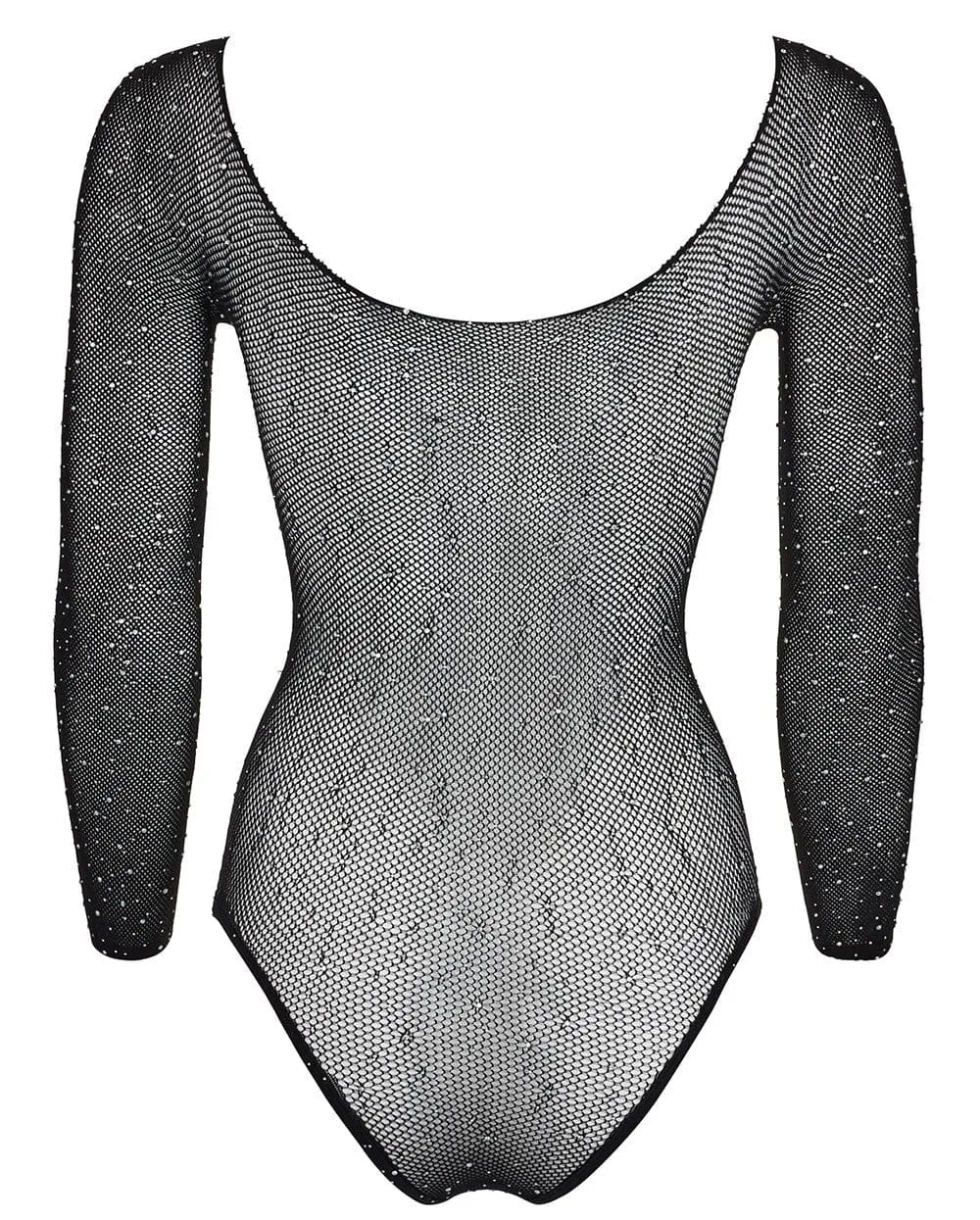 Body manches longues résille noire paillettes, encolure et poignets renforcés, design sans couture, style élégant et sexy.