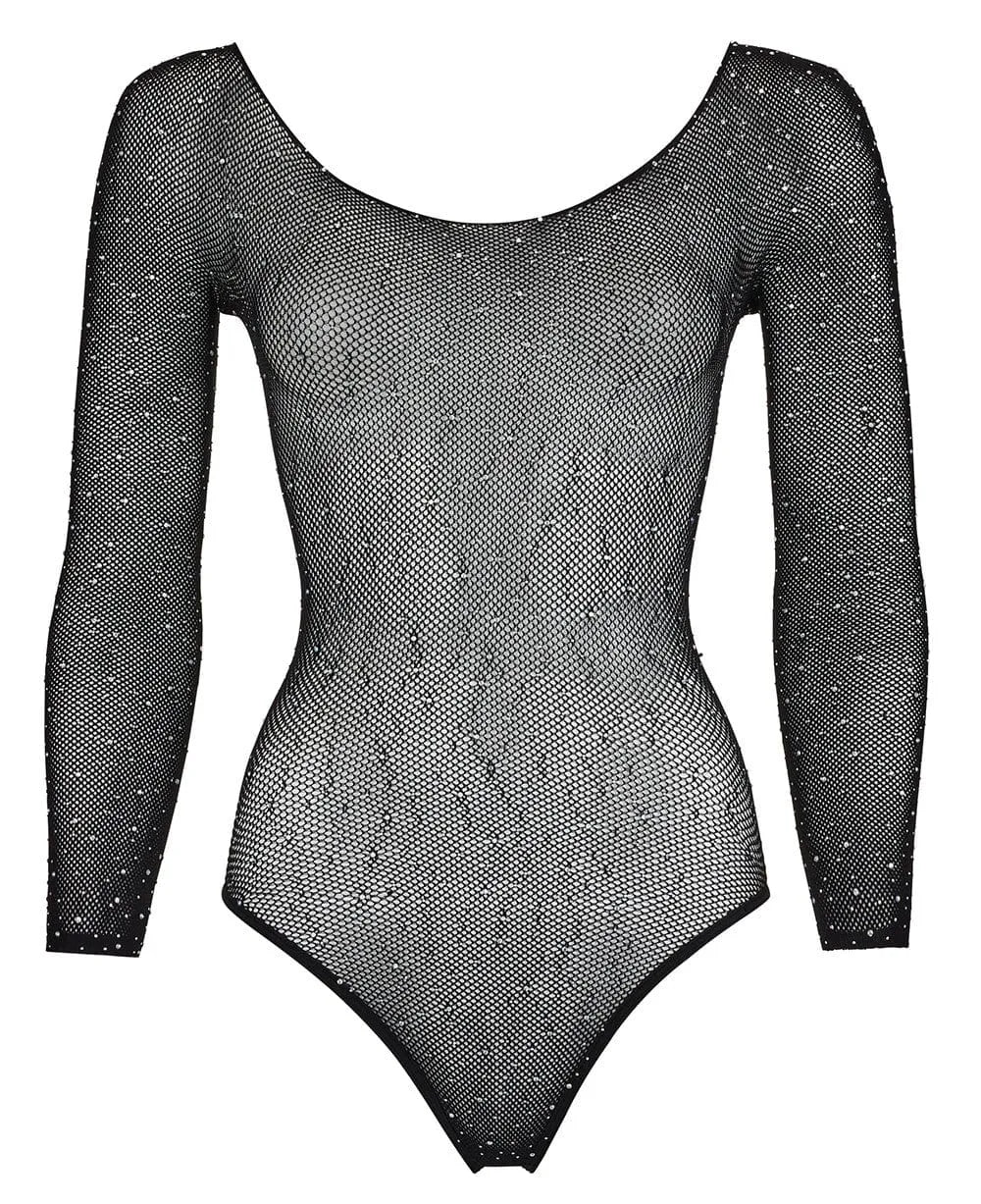Body noir manches longues résille paillettes, coupe string, encolure et poignets renforcés, style élégant et sexy.