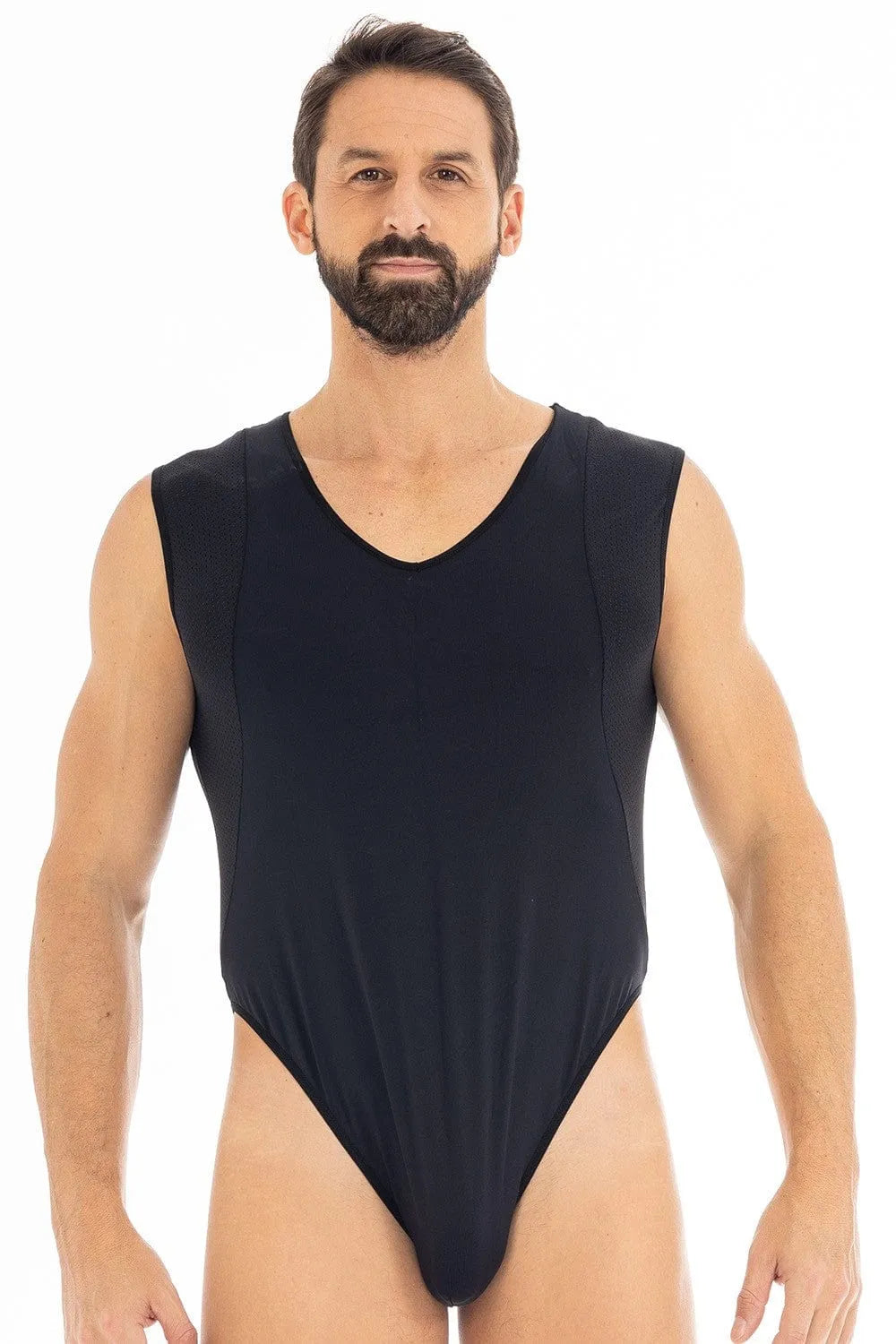 body homme sexy noir moulant élastique confortable ouverture entrejambe col rond sensuel séduisant durable extensible lingerie sculptant