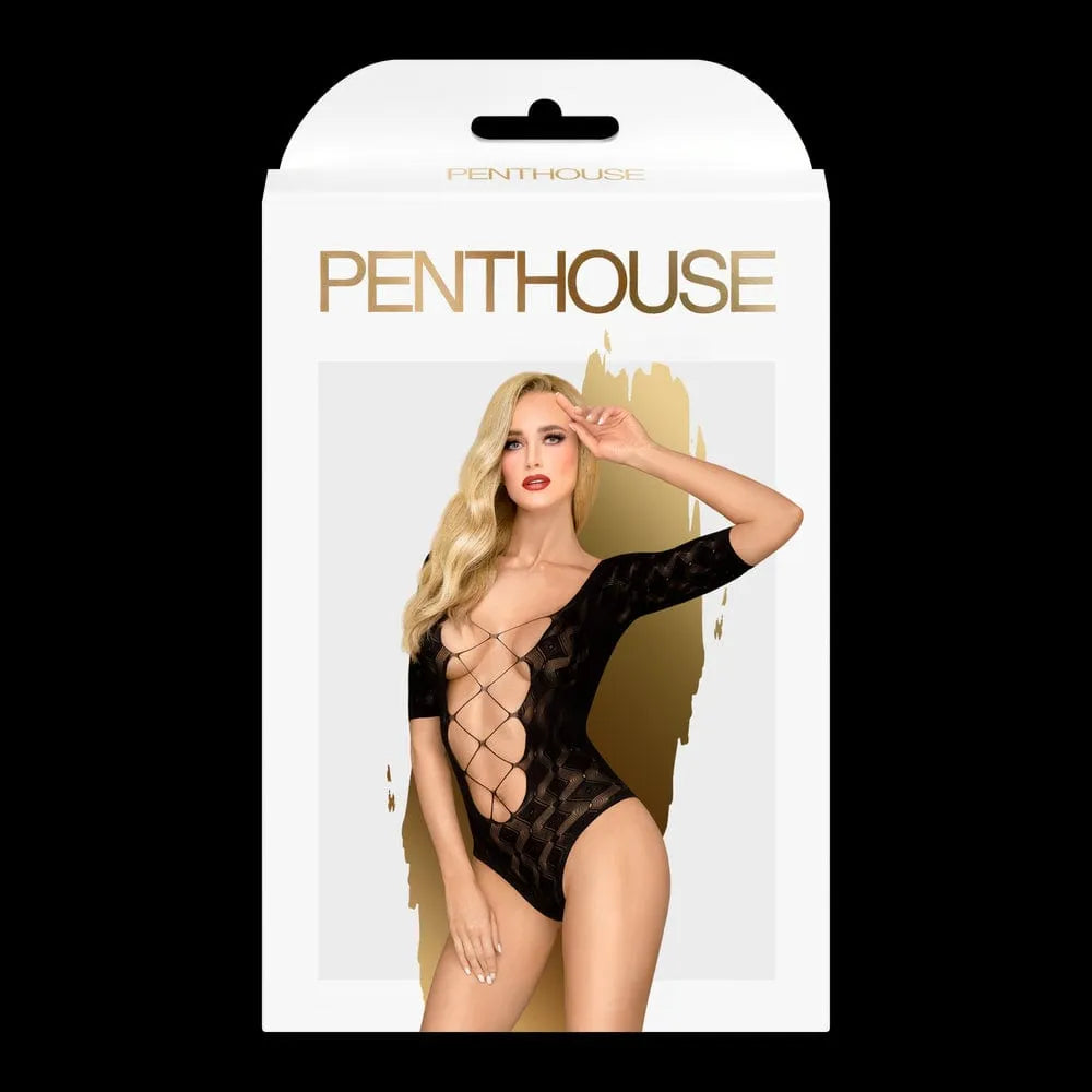 Body noir résille manches trois quart, lanières croisées, col plongeant, dos nu, ouvert entrejambe, séduisant et sensuel.
