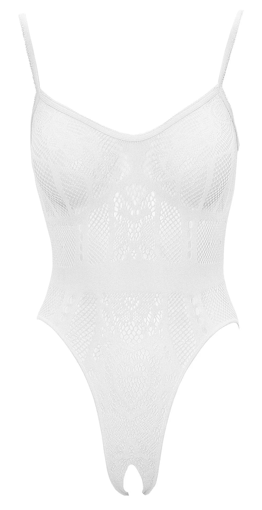 Body string blanc en résille et dentelle, ceinture tissée, ouvert à l'entrejambe, collection Cottelli, sexy et confortable.