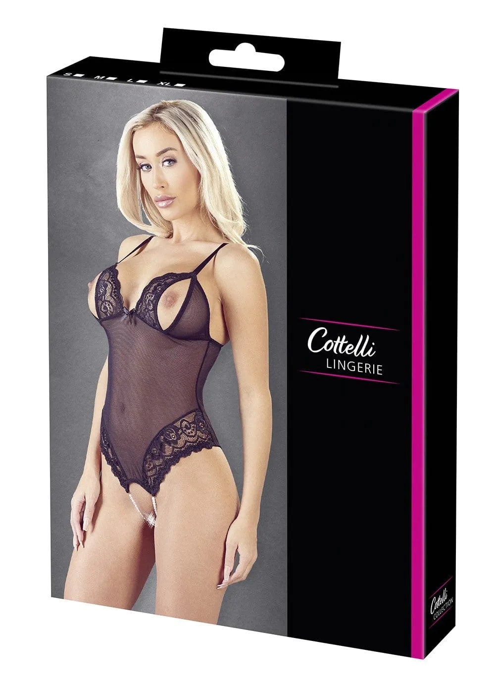 Body string Cottelli noir en dentelle florale et résille, bonnets fendus, perles stimulantes, 90% polyamide, 10% élasthanne.
