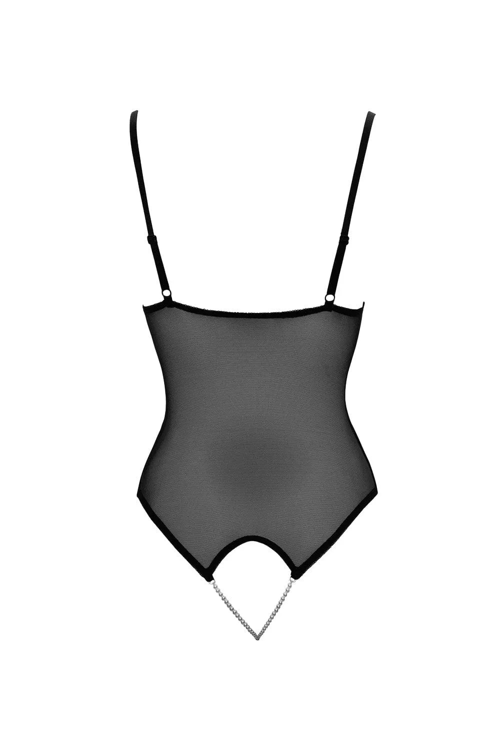Body string Cottelli noir en dentelle florale et résille, bonnets fendus, perles stimulantes, polyamide et élasthanne.
