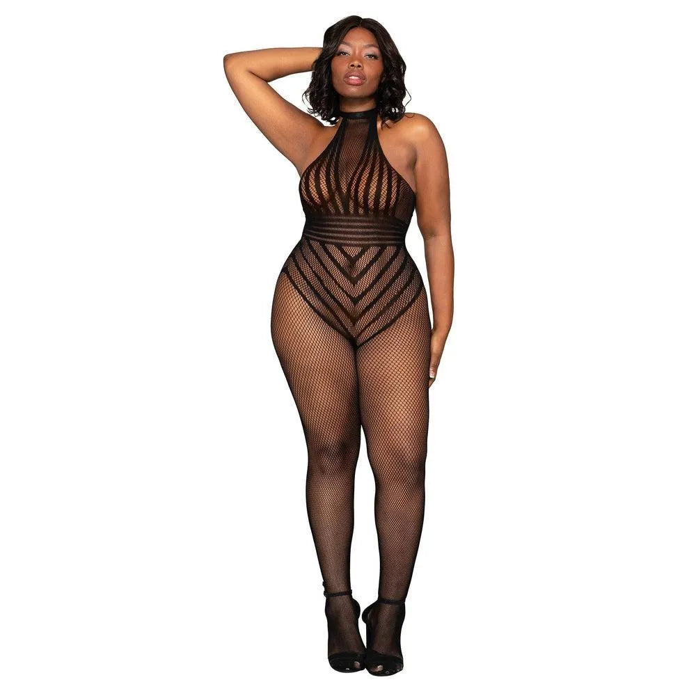 Combinaison résille noire séduisante grande taille élégante sensuelle col licou bretelle dos entrejambe ouvert extensible nylon élasthanne ajustable confortable