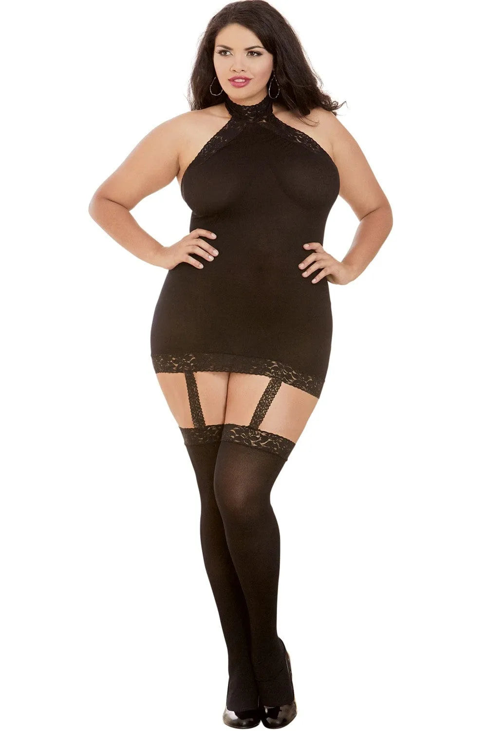 combinaison noir grande taille jarretelles dentelle guêpière dos ouvert tour cou nylon extensible confortable élastique moulant sexy