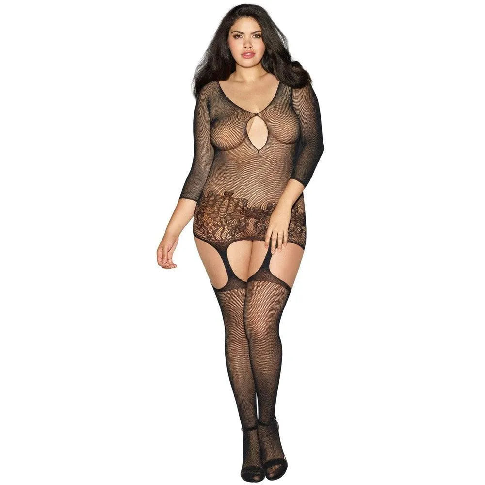 combinaison résille noire grande taille motif floral style guêpière décolleté ouvert nylon spandex maille extensible galbante
