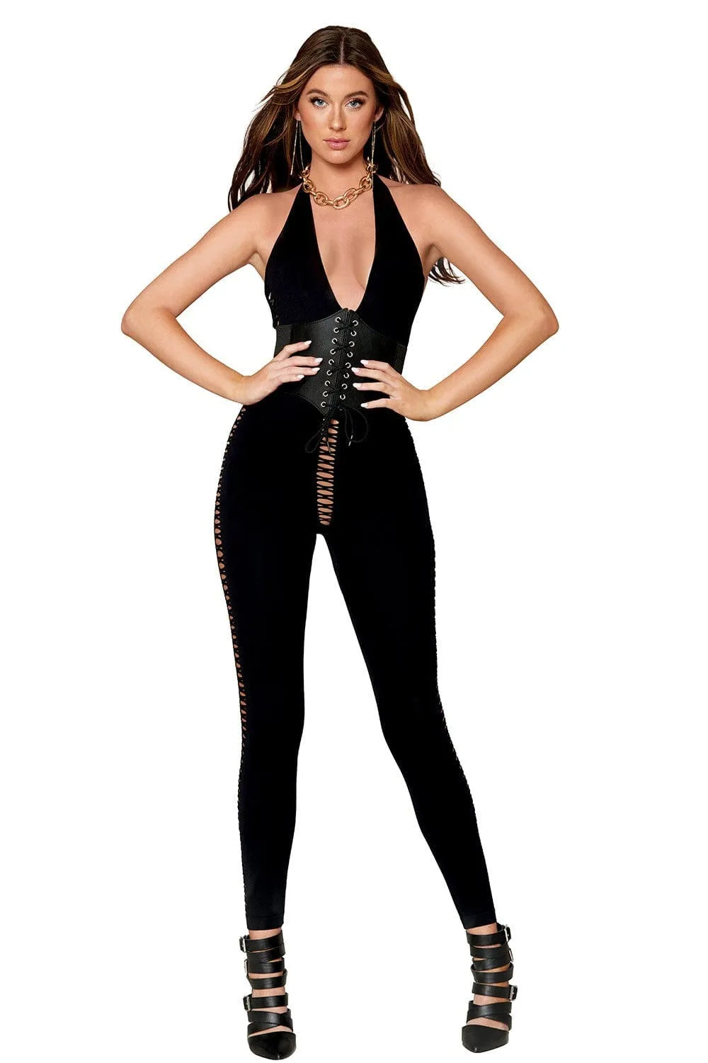 Bodystocking noir opaque dos nu à lacets, encolure licou, ouvertures lacées sur les côtés, allure élégante et sensuelle.