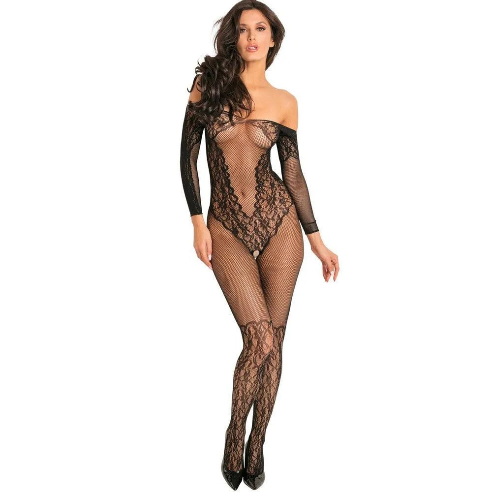 combinaison résille noir sexy ouvert entrejambe fesses décolleté plongeant manches longues extensible confortable nylon élasthanne moulant effet bas séduisant