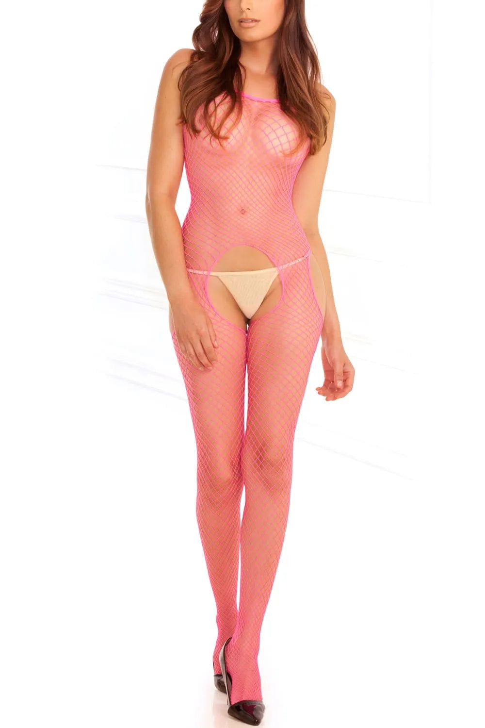 Combinaison moulante rose en résille filet, ouverture devant et derrière, ajustée, polyester et élasthanne.