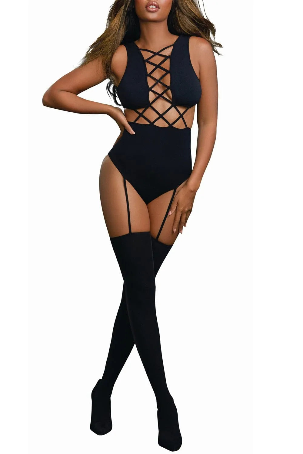 Bodystocking noir opaque avec ornements croisés, culotte haute, jarretelles et bas, élégant et moulant en nylon élasthanne.