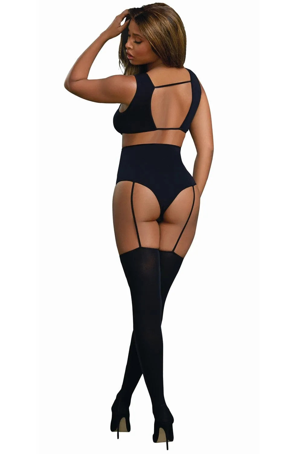 Bodystocking noir opaque moulant avec jarretelles, culotte haute, boléro et ornements croisés, élégant et sensuel.