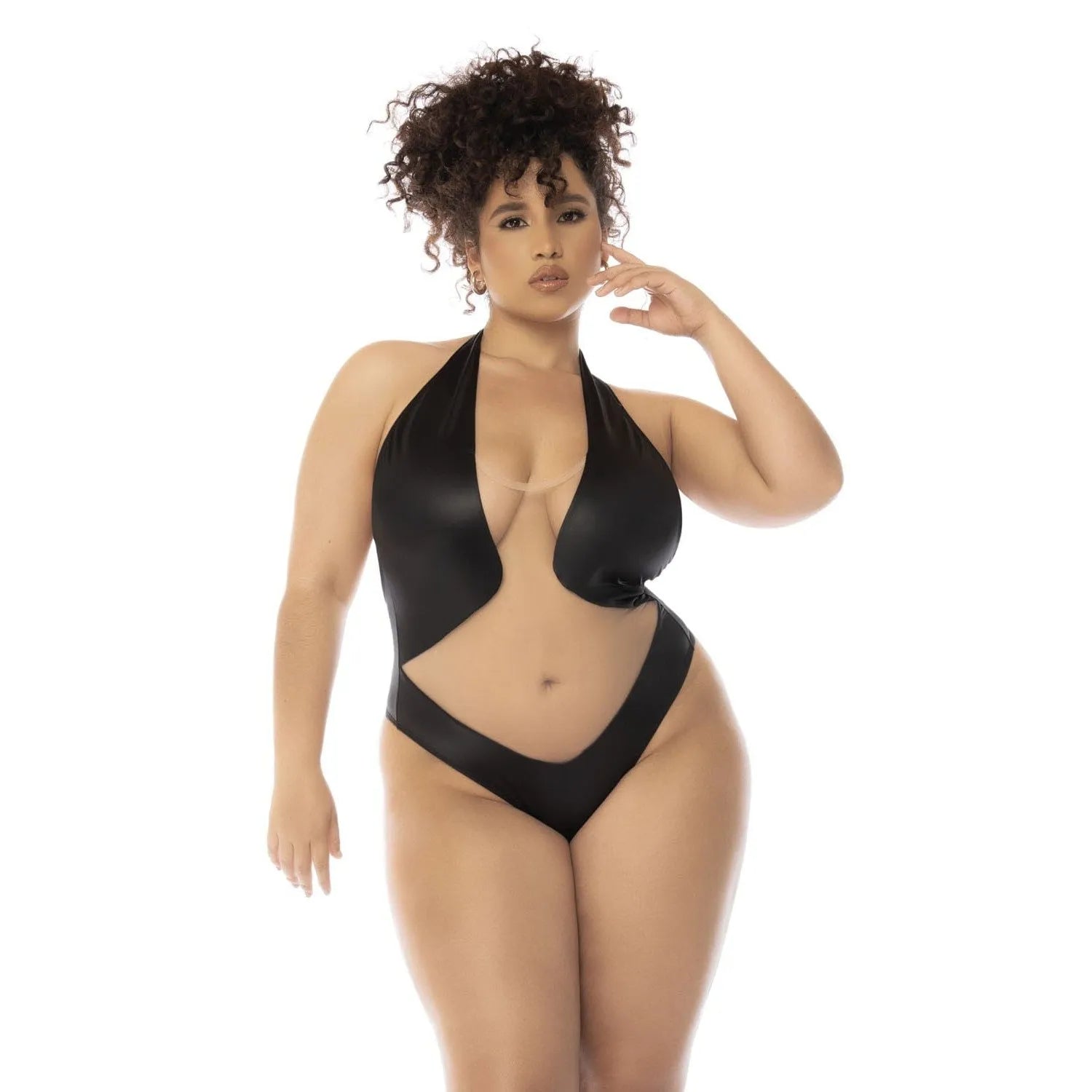 Bodystring Grande Taille Résille Effet Cuir Col Licou Fermeture Réglable Entrejambe Confort Extensible Sensuel Raffiné Élégant Polyester Élasthanne Polyamide