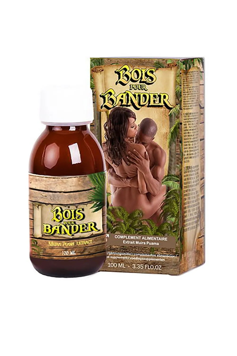 Flacon de Bois Bandé 100 ml, extrait de muira puama et gingembre, stimulant naturel, étiquette marron et verte.