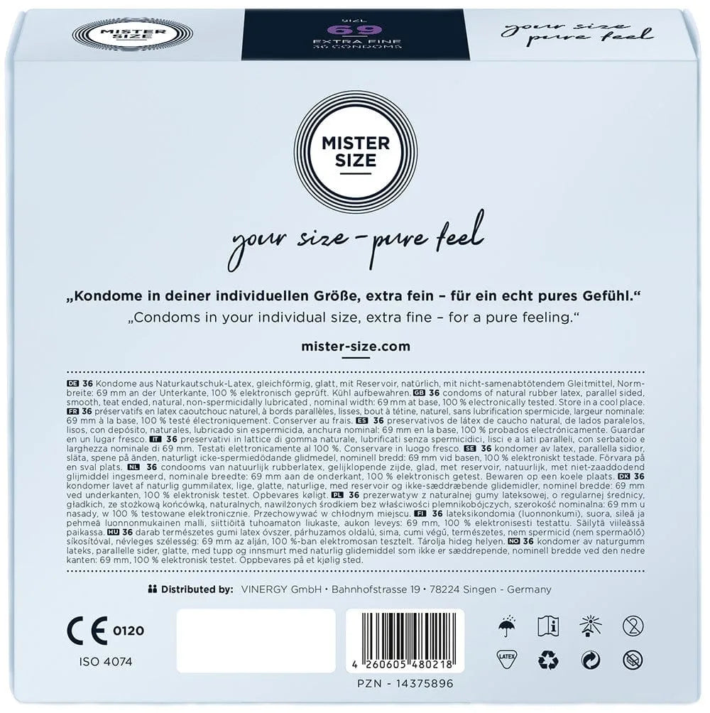Boîte de 36 préservatifs en latex transparent, norme CE, surface lisse, 7 tailles, confort et sécurité optimaux.