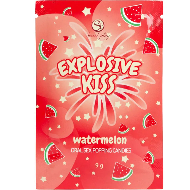 Bonbons éclatants pastèque, emballage rouge vif avec motifs de pastèques, pour expérience sensorielle intime pétillante.