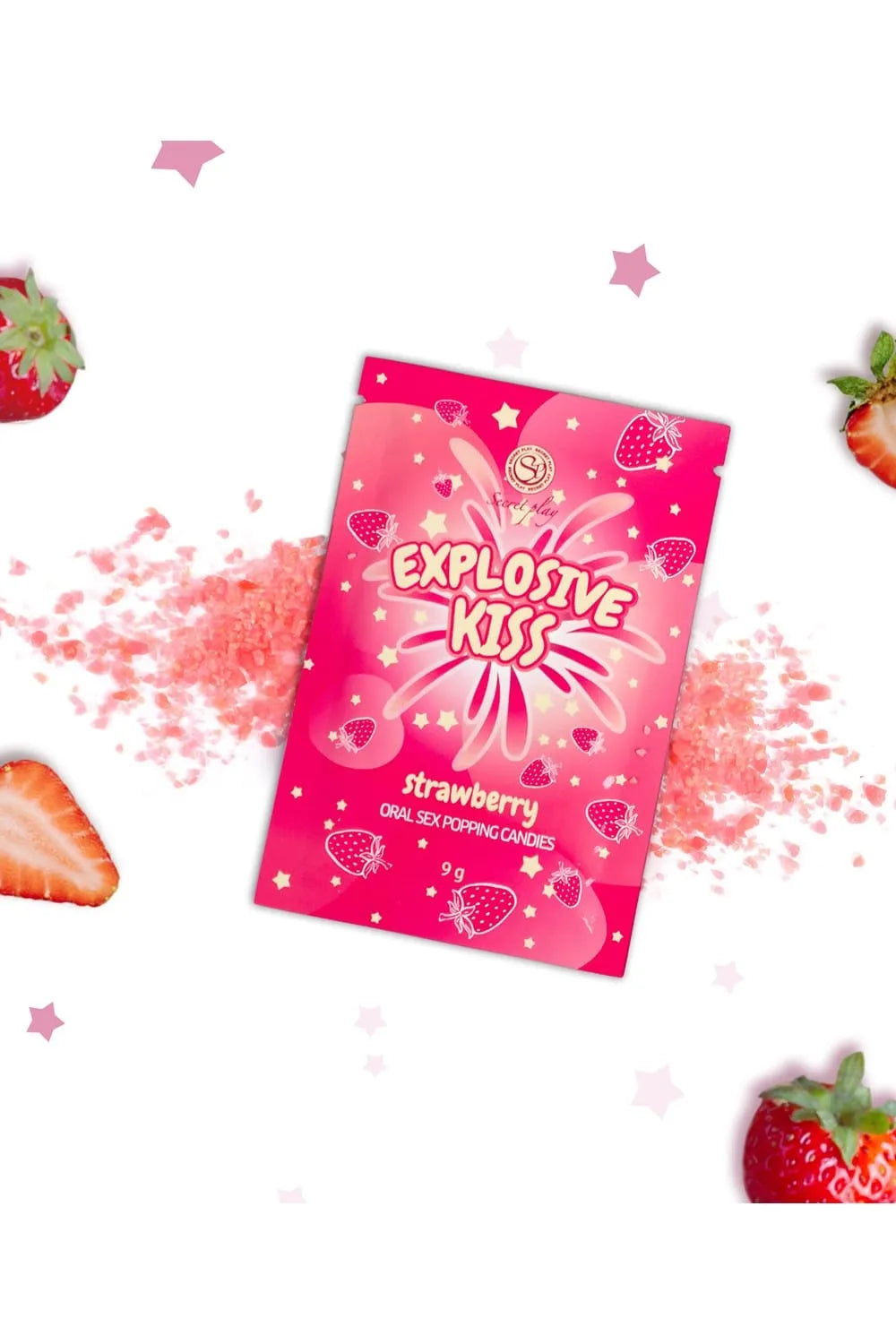 Bonbons pétillants fraise, emballage rose, motifs de fraises, pour expérience sensorielle intime et ludique.