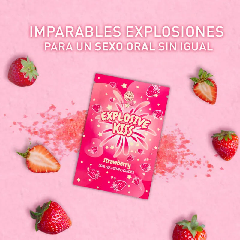 Bonbons érotiques explosifs fraise, sachet rose vif, fraises autour, plaisir sensoriel et ludique pour moments intimes.