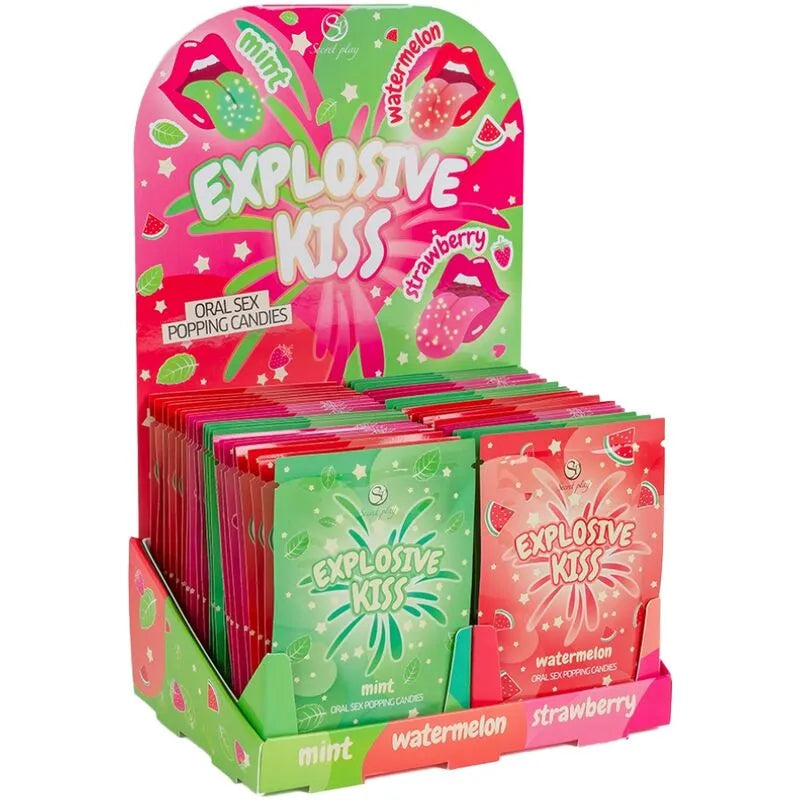 Bonbons pétillants érotiques en sachets colorés, saveurs fraise, pastèque, menthe, présentés dans un présentoir attrayant.