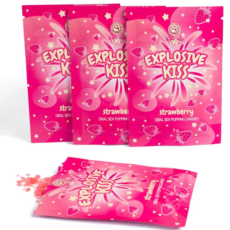Sachets roses de bonbons érotiques explosifs fraise, visuels de fraises et étoiles, pour moments intimes sensoriels.