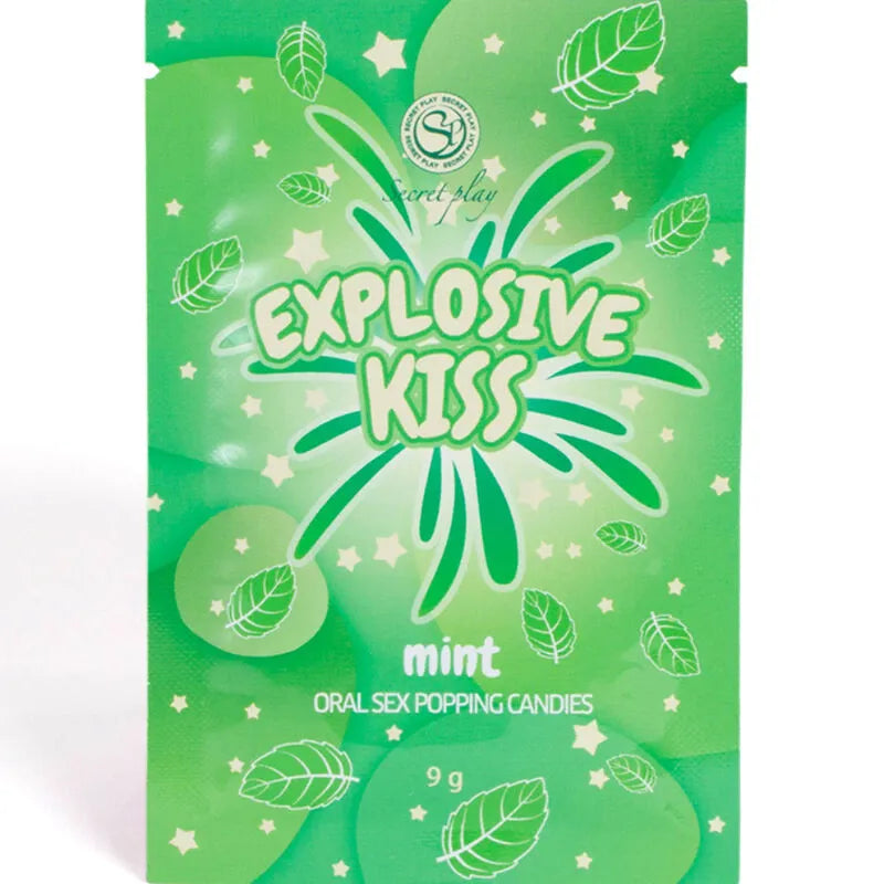 Sachet vert de bonbons intimes effervescents mentholés, design ludique avec motifs de feuilles et bulles, 9g.