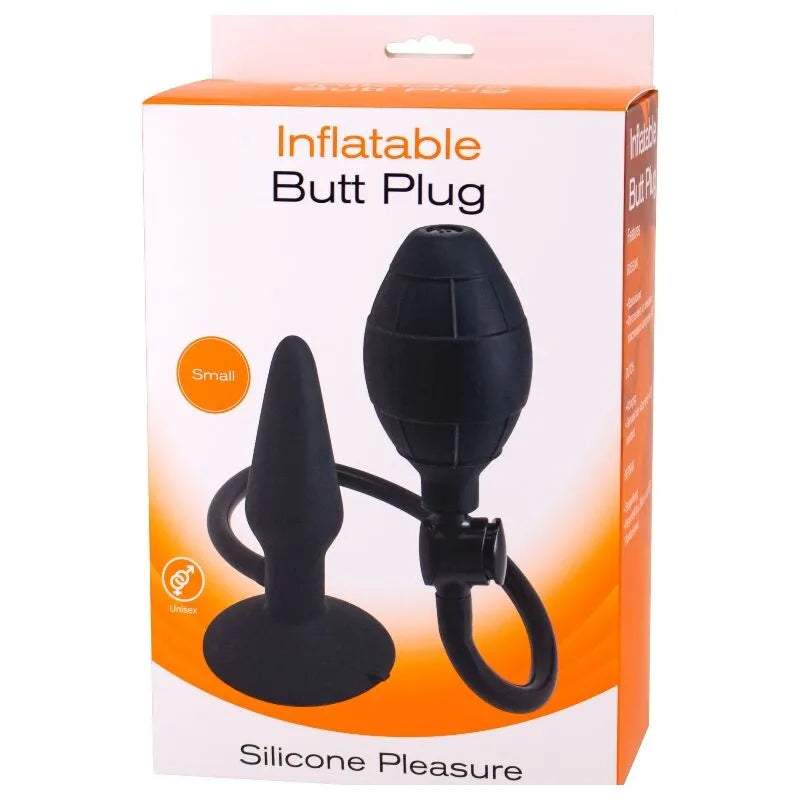 Bouchon anal gonflable noir en silicone, forme ergonomique, avec pompe manuelle, sur fond de boîte orange et blanche.