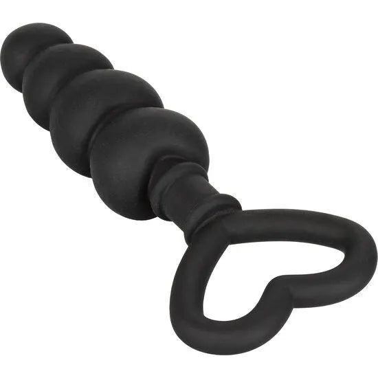 Bouchon anal noir en silicone flexible, forme graduée, boucle cœur ergonomique, hypoallergénique et antibactérien.