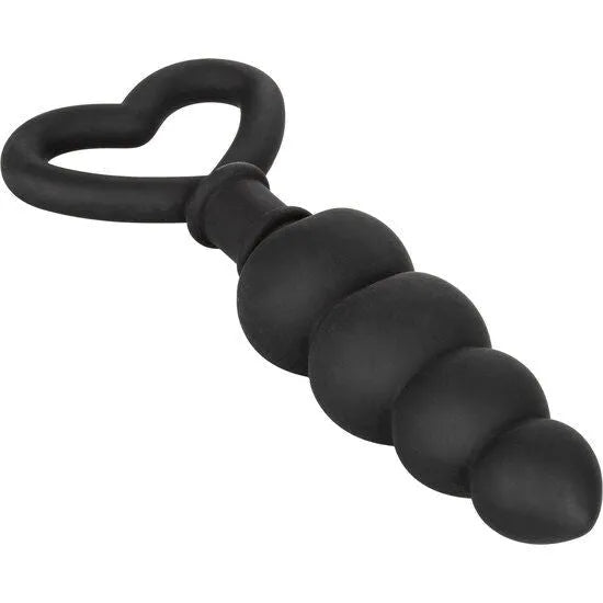 Bouchon anal silicone noir, forme graduée, boucle cœur, surface lisse, ergonomique, pour débutants, sensation naturelle.