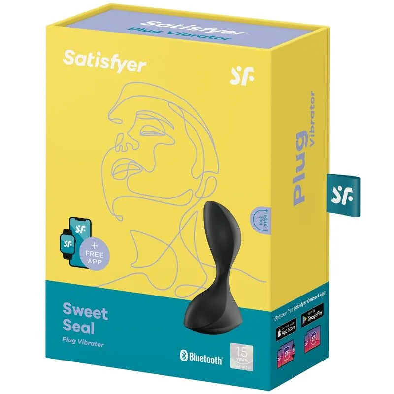 Bouchon vibrant noir en silicone, forme ergonomique, étanche IPX7, boîte jaune, compatible application, garantie 15 ans.