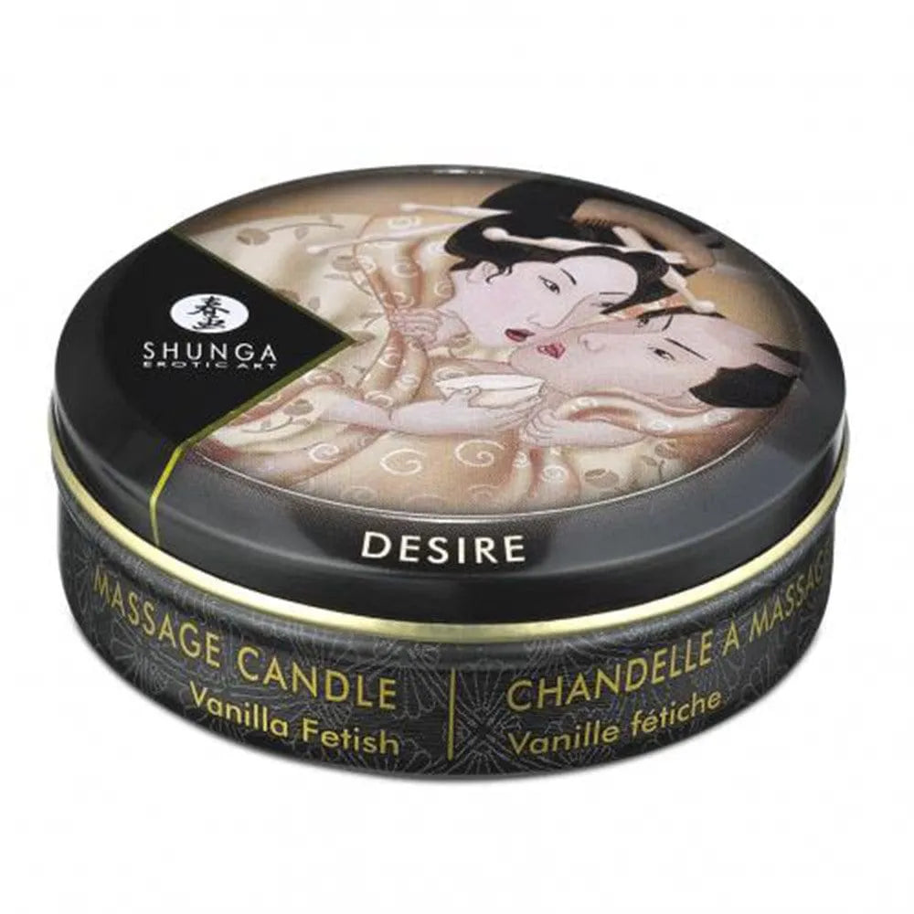 Bougie de massage vanille, mini pot rond 30ml, huiles naturelles coco amande avocat, couvercle illustré.
