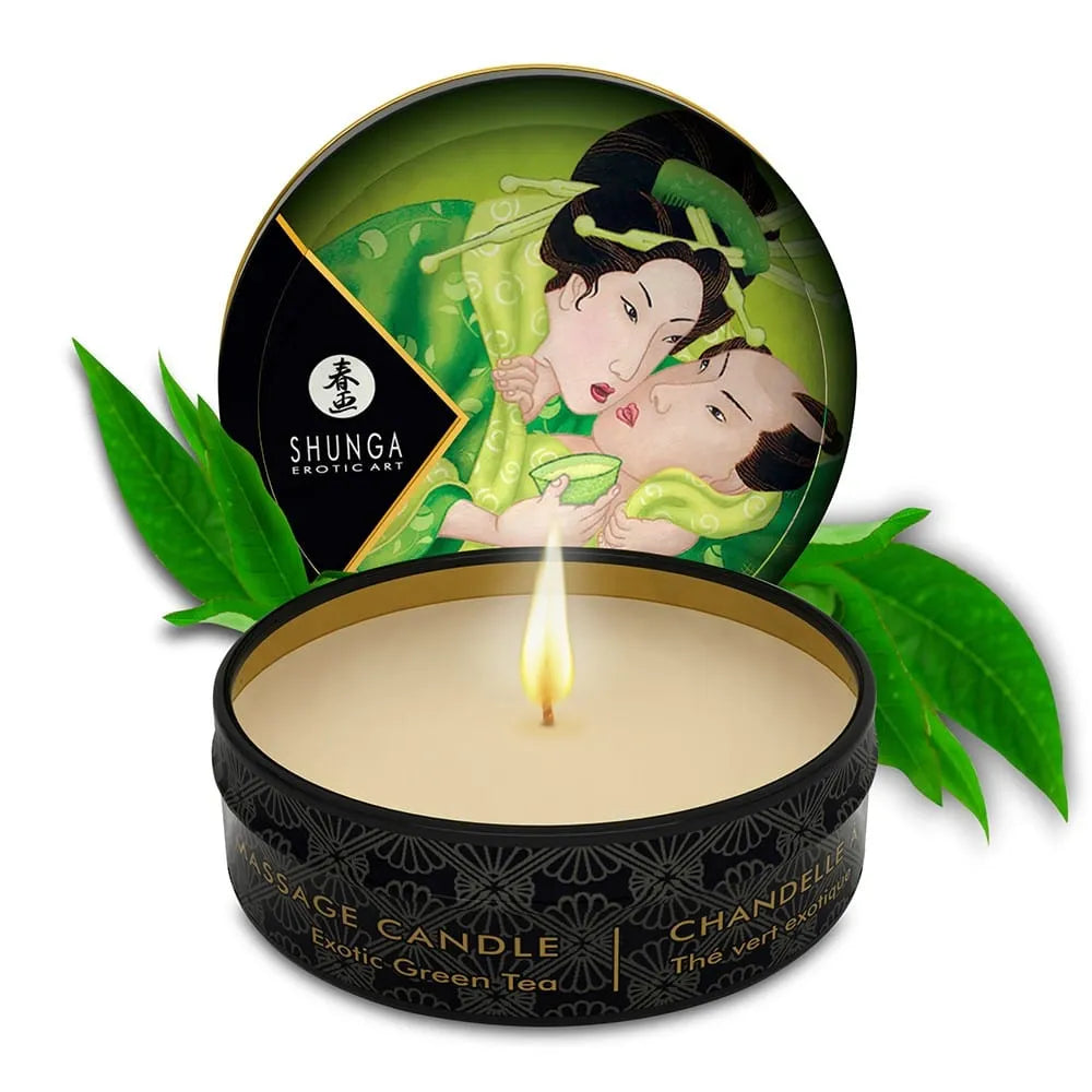 bougie massage mini thé vert huiles naturelles tiède peau soyeuse émolliente non comestible utilisable enceinte 30ml 7heures parfum délicat sensuel
