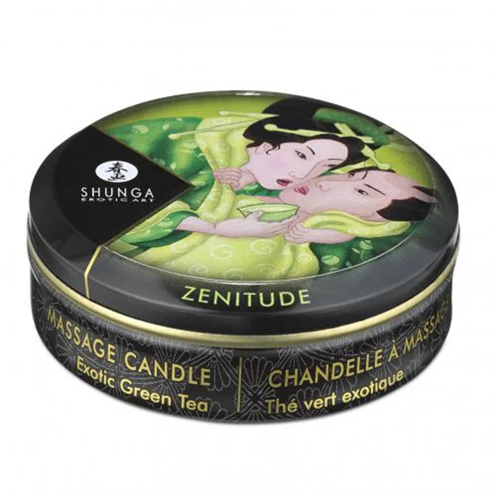 Bougie de massage thé vert, pot rond décoré, huiles naturelles, 30ml, parfum délicat, ambiance sensuelle.