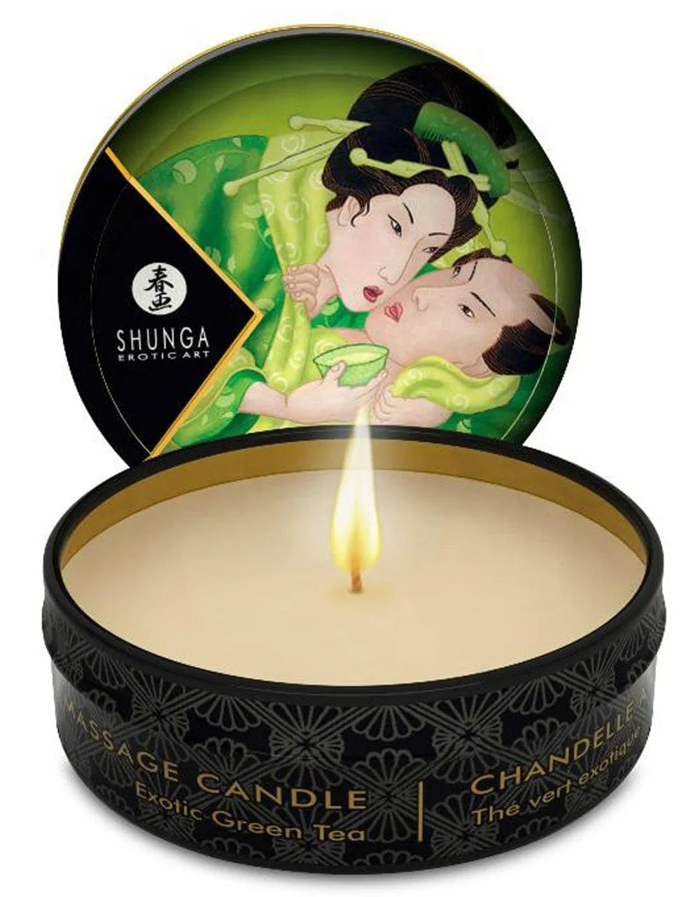 Bougie de massage thé vert, cire tiède, huiles naturelles, pot rond noir avec illustration artistique, 30ml.