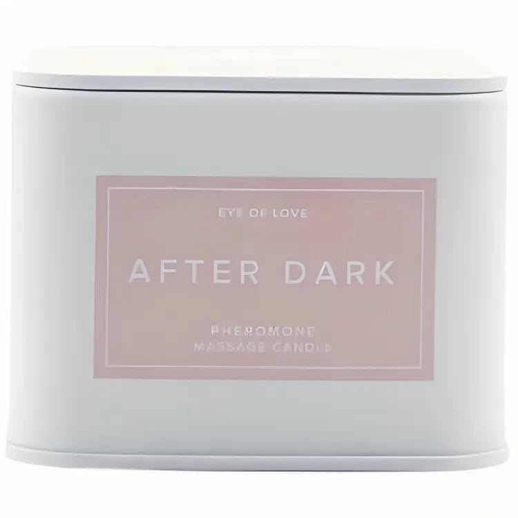 Bougie de massage blanche, étiquette rose After Dark, phéromones naturelles, beurre karité, jasmin, lys, chocolat blanc.
