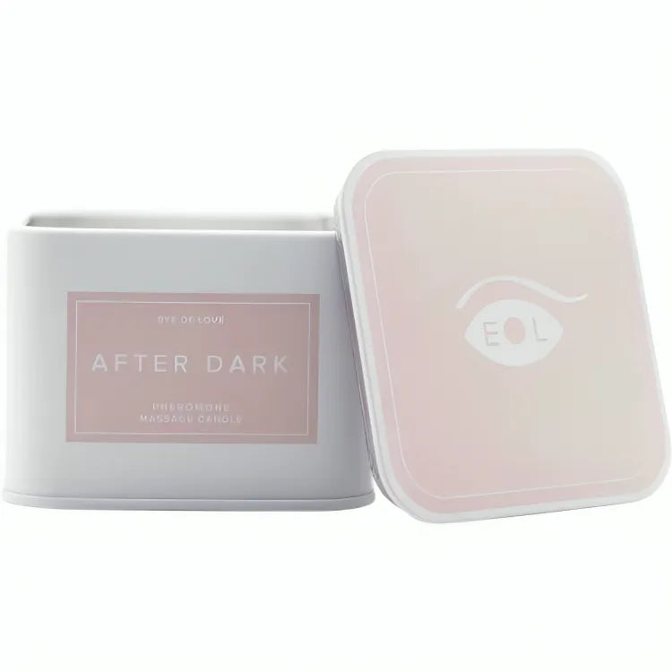 Bougie de massage blanche, couvercle rose, étiquette After Dark, phéromones naturelles, beurre karité, notes jasmin.