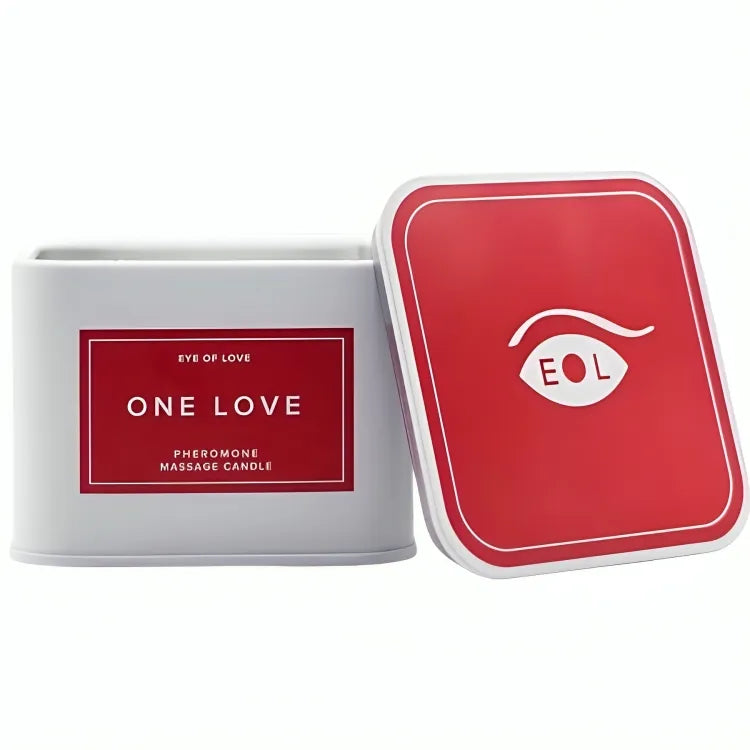 Bougie de massage phéromones, pot blanc et couvercle rouge, étiquette One Love, beurre karité, parfum captivant.