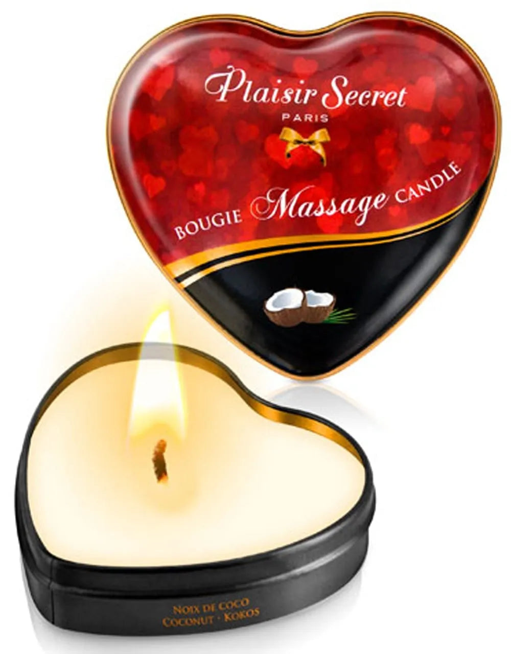 Bougie massage cœur coco, boîte métallique élégante, parfum exotique, cire fondue huile tiède, cadeau sensuel.