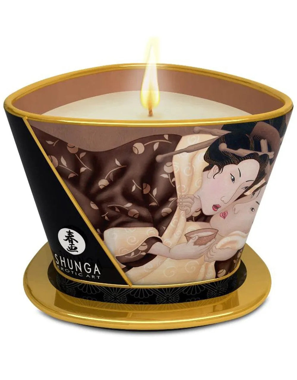 Bougie massage chocolat, forme conique, design artistique, cire blanche, flamme allumée, ambiance relaxante.