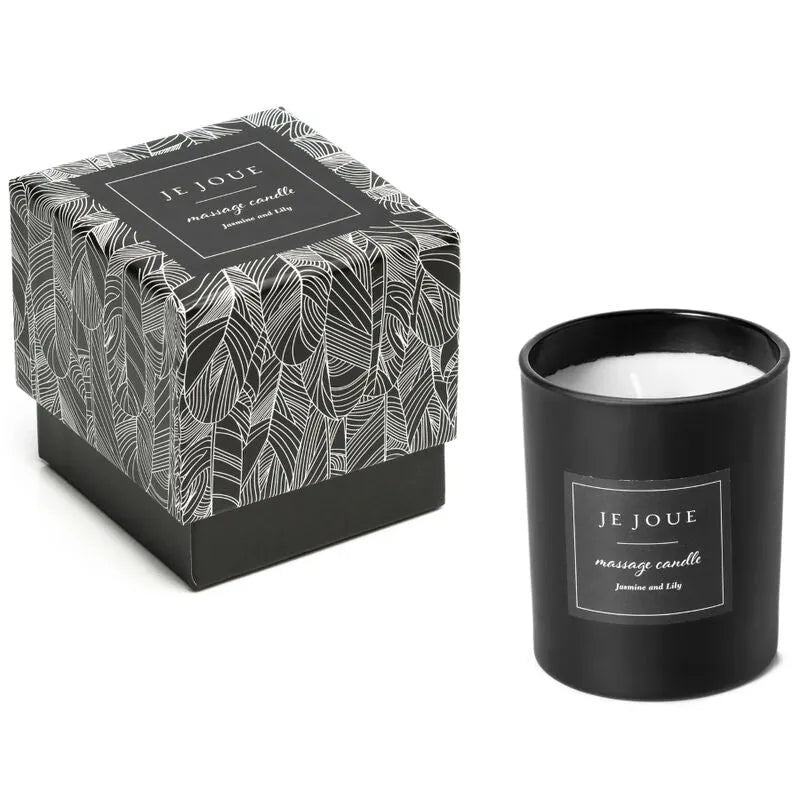 Bougie de massage noire, parfum ylang-ylang mandarine, dans un pot élégant avec boîte décorative à motifs.