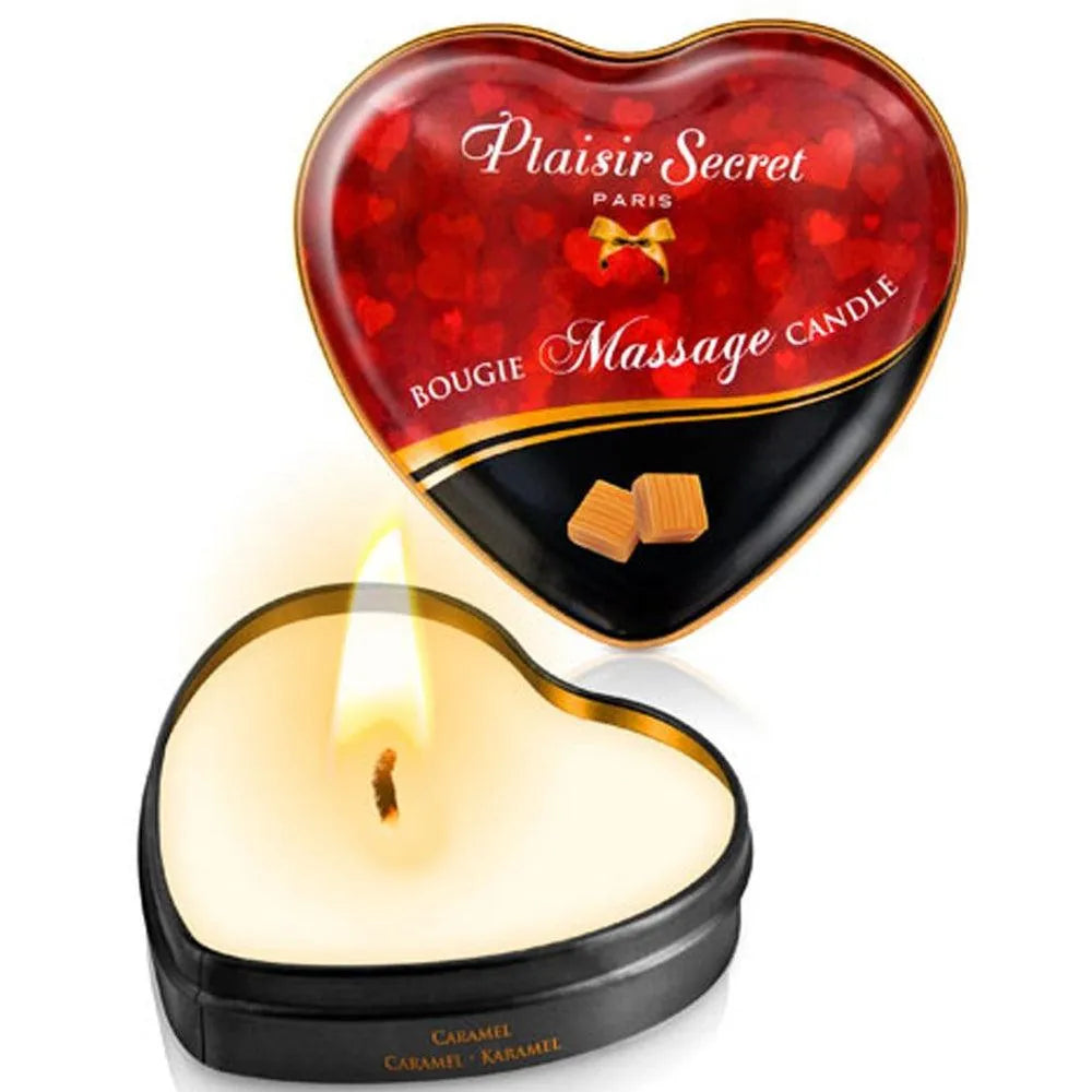 bougie massage érotique caramel coeur 35ml huile chaude fondue sensuelle chaleur douce gourmande boîte métallique cadeau partenaire