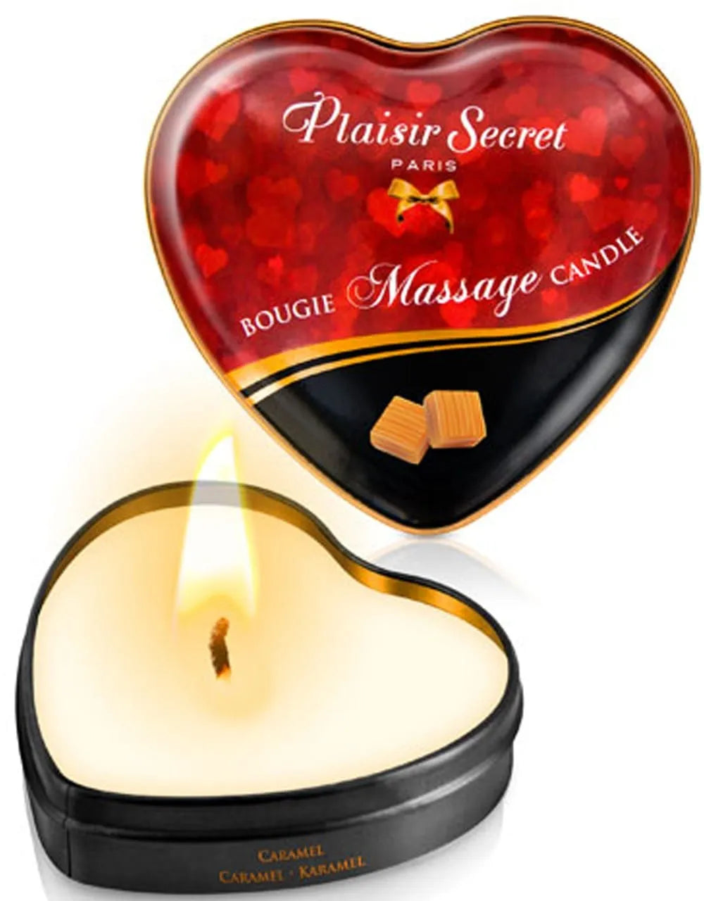 Bougie massage érotique cœur caramel 35ml, boîte métallique rouge, cire fondue huile sensuelle, cadeau partenaire.