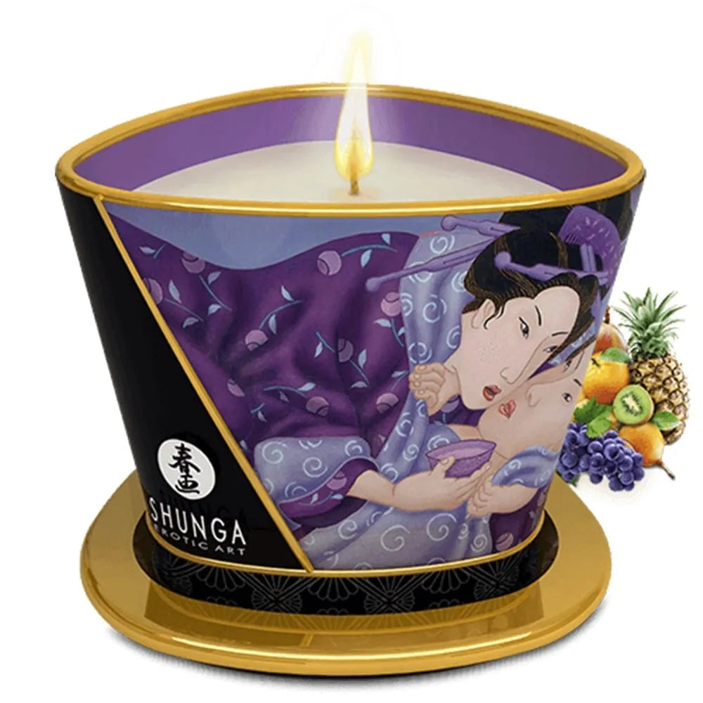Bougie massage fruits exotiques femmes enceintes huiles naturelles coco amande douce pépin raisin vitamine E non comédogène nourrissante apaisante