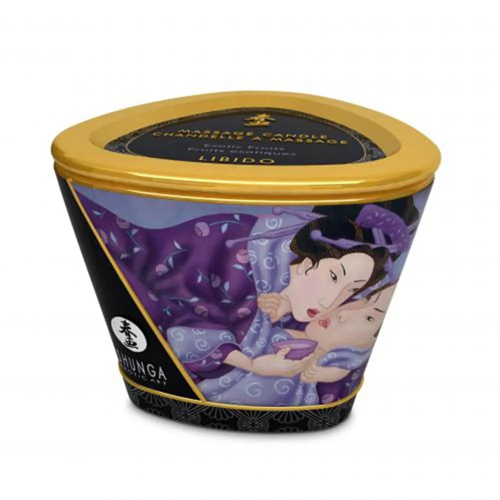 Bougie de massage fruits exotiques, pot coloré, huiles naturelles coco, amande douce, pépin raisin, vitamine E.