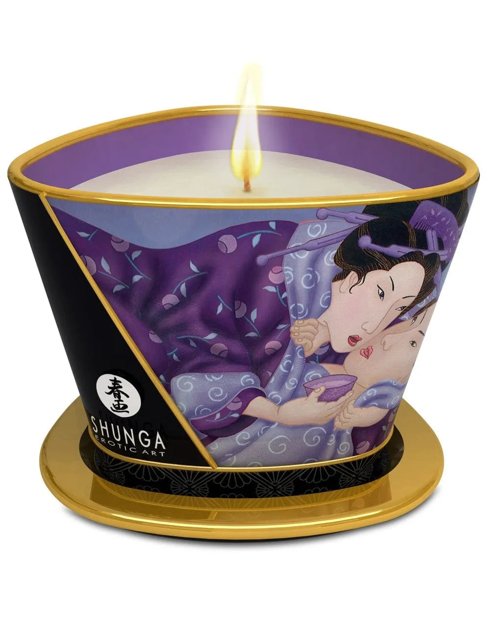 Bougie de massage fruits exotiques, pot violet, illustration artistique, pour femmes enceintes, huiles naturelles.