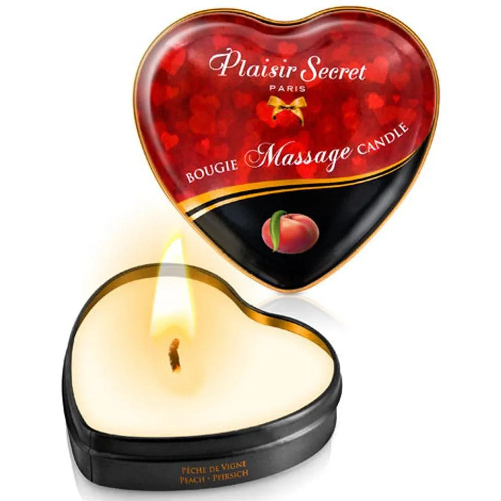 bougie massage pêche vigne huile tiède soyeuse parfum subtil naturel cire qualité format pratique boîte métallique cœur romantique