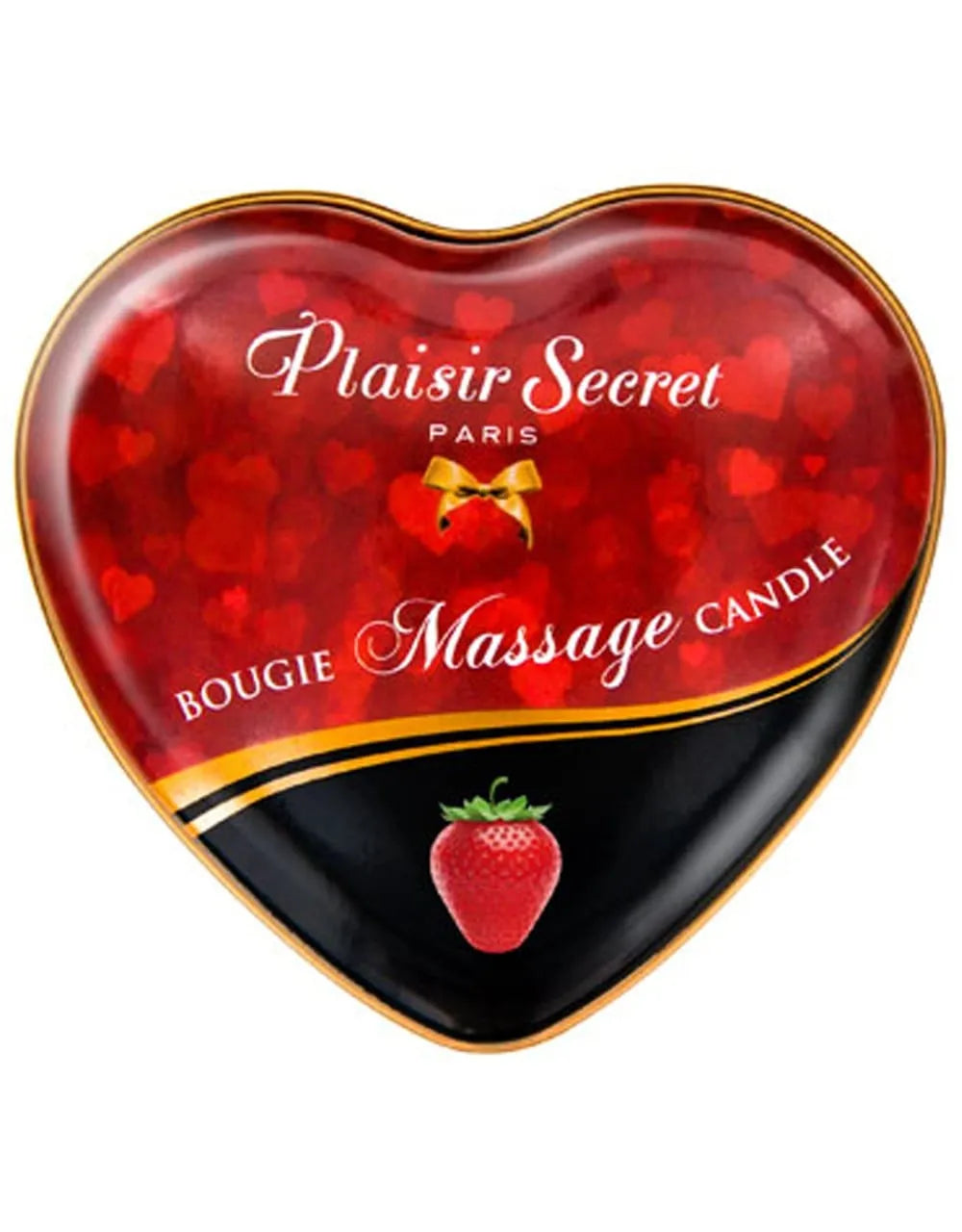 Bougie de massage fraise en boîtier cœur métallique rouge, ambiance romantique et parfum sensuel pour détente optimale.