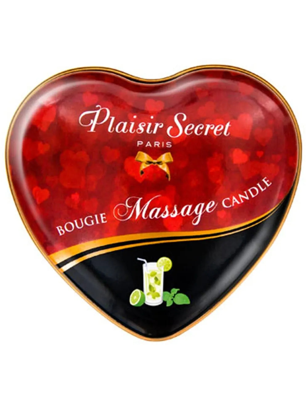 Boîte en cœur métal rouge, bougie de massage parfum mojito, design romantique et sensoriel, idéal détente exotique.